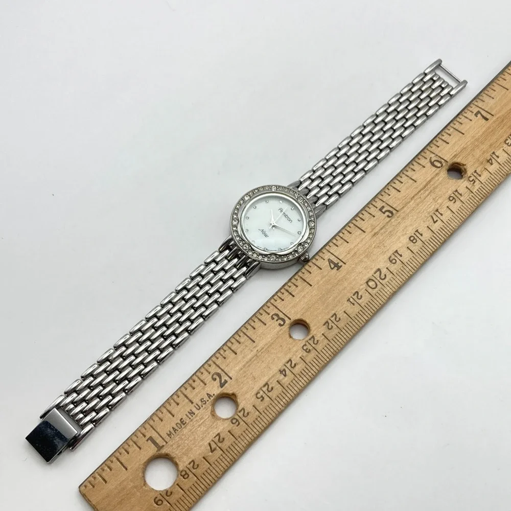 Armitron Now Women's Watch 28mm Silver Tone Crystals MOP Dial New Battery 6.75
